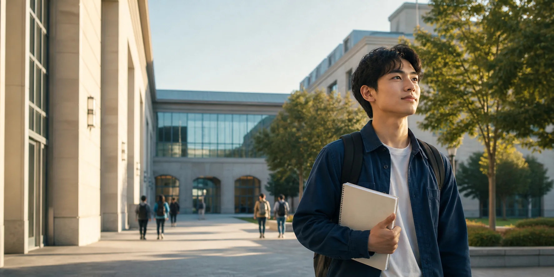 A student looking ahead on a university campus